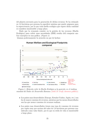 del planeta necesaria para la generaci´n de dichos recursos. Se ha estimado
                                       o
en 1,8 hect´reas por persona la superﬁcie m´xima que puede asignarse para
           a                                 a
la supervivencia, por lo que toda huella ecol´gica que supere dicha cantidad
                                             o
se considera insostenible a largo plazo.
    Dado que la econom´ consiste en la gesti´n de los recursos (Huella
                          ıa                     o
Ecol´gica) para cubrir unas necesidades (IDH) resulta util comparar am-
     o                                                    ´
bos conceptos en una gr´ﬁca. (Figura 1)
                         a
 Llaman poderosamente la atenci´n un par de hechos:
                                  o




 Figura 1. Relaci´n entre la Huella Ecol´gica y la posici´n en el ranking
                  o                     o                o
            ´
mundial del Indice de Desarrollo Humano (John D. Croft, dominio p´blico).
                                                                    u


     Los pa´ mas desarrollados (Europa, Estados Unidos, Jap´n, etc.) son
            ıses                                               o
     los de mayor consumo de recursos, mientras que los menos desarrollados
     son los que menor consumo de recursos realizan.

     Los pa´ mas desarrollados tienen una tasa de consumo de recursos
            ıses
     per capita muy por encima del valor de 1,8 hect´reas por persona con-
                                                      a
     siderado como valor l´
                          ımite, por lo que su estilo de vida es insostenible
     a largo plazo.

                                    35
 