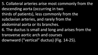 5. Collateral arteries arise most commonly from the
descending aorta (occurring in two
thirds of patients), less commonly from the
subclavian arteries, and rarely from the
abdominal aorta or its branches.
6. The ductus is small and long and arises from the
transverse aortic arch and courses
downward (“vertical” ductus) (Fig. 14-25).
 