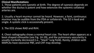 Clinical Manifestations
1. These patients are cyanotic at birth. The degree of cyanosis depends on
whether the ductus is patent and how extensive the systemic collateral
arteries are.
2. Usually a heart murmur cannot be heard. However, a faint, continuous
murmur may be audible from the PDA or collaterals. The S2 is loud and
single. A systolic click is occasionally present.
3. The ECG shows RAD and RVH.
4. Chest radiography shows a normal heart size. The heart often appears as a
boot-shaped silhouette (see Fig. 14-19), and the pulmonary vascularity is
usually markedly decreased (i.e., “black” lung field). Rarely, children with
MAPCAs have excessive PBF, and CHF may develop.
 