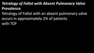 Tetralogy of Fallot with Absent Pulmonary Valve
Prevalence
Tetralogy of Fallot with an absent pulmonary valve
occurs in approximately 2% of patients
with TOF
 