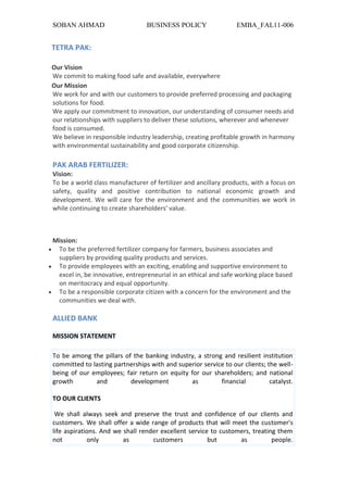 SOBAN AHMAD BUSINESS POLICY EMBA_FAL11-006
TETRA PAK:
Our Vision
We commit to making food safe and available, everywhere
Our Mission
We work for and with our customers to provide preferred processing and packaging
solutions for food.
We apply our commitment to innovation, our understanding of consumer needs and
our relationships with suppliers to deliver these solutions, wherever and whenever
food is consumed.
We believe in responsible industry leadership, creating profitable growth in harmony
with environmental sustainability and good corporate citizenship.
PAK ARAB FERTILIZER:
Vision:
To be a world class manufacturer of fertilizer and ancillary products, with a focus on
safety, quality and positive contribution to national economic growth and
development. We will care for the environment and the communities we work in
while continuing to create shareholders' value.
Mission:
To be the preferred fertilizer company for farmers, business associates and
suppliers by providing quality products and services.
To provide employees with an exciting, enabling and supportive environment to
excel in, be innovative, entrepreneurial in an ethical and safe working place based
on meritocracy and equal opportunity.
To be a responsible corporate citizen with a concern for the environment and the
communities we deal with.
ALLIED BANK
MISSION STATEMENT
To be among the pillars of the banking industry, a strong and resilient institution
committed to lasting partnerships with and superior service to our clients; the well-
being of our employees; fair return on equity for our shareholders; and national
growth and development as financial catalyst.
TO OUR CLIENTS
We shall always seek and preserve the trust and confidence of our clients and
customers. We shall offer a wide range of products that will meet the customer's
life aspirations. And we shall render excellent service to customers, treating them
not only as customers but as people.
 