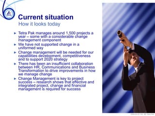 Current situation
► Tetra Pak manages around 1,500 projects a
year – some with a considerable change
management component
► We have not supported change in a
uniformed way
► Change management will be needed for our
capabilities development, competitiveness
and to support 2020 strategy
► There has been an insufficient collaboration
between HR, Communications and Business
Transformation to drive improvements in how
we manage change
► Change Management is key to project
success – research shows that effective and
integrated project, change and financial
management is required for success
Tetra Pak Internal
2009-04-23, KA, AB Tetra Pak
How it looks today
 
