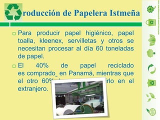 Producción de Papelera Istmeña




Para producir papel higiénico, papel
toalla, kleenex, servilletas y otros se
necesitan procesar al día 60 toneladas
de papel.
El
40%
de
papel
reciclado
es comprado en Panamá, mientras que
el otro 60% hay que adquirirlo en el
extranjero.

 