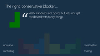 conservativeinnovative
The right, conservative blocker…
controlling trusting
Web standards are good, but let’s not get
ove...