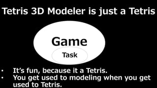 Tetris 3D Modeler is just a Tetris 
Game 
Task 
• It’s fun, because it a Tetris. 
• You get used to modeling when you get 
used to Tetris. 
 