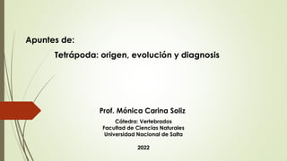 Apuntes de:
Tetrápoda: origen, evolución y diagnosis
Cátedra: Vertebrados
Facultad de Ciencias Naturales
Universidad Nacional de Salta
Prof. Mónica Carina Soliz
2022
 