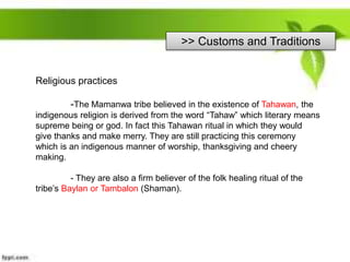 >> Customs and Traditions
Religious practices
-The Mamanwa tribe believed in the existence of Tahawan, the
indigenous religion is derived from the word “Tahaw” which literary means
supreme being or god. In fact this Tahawan ritual in which they would
give thanks and make merry. They are still practicing this ceremony
which is an indigenous manner of worship, thanksgiving and cheery
making.
- They are also a firm believer of the folk healing ritual of the
tribe’s Baylan or Tambalon (Shaman).
 