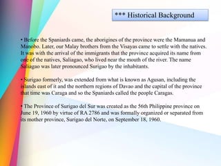 *** Historical Background
• Before the Spaniards came, the aborigines of the province were the Mamanua and
Manobo. Later, our Malay brothers from the Visayas came to settle with the natives.
It was with the arrival of the immigrants that the province acquired its name from
one of the natives, Saliagao, who lived near the mouth of the river. The name
Saliagao was later pronounced Surigao by the inhabitants.
• Surigao formerly, was extended from what is known as Agusan, including the
islands east of it and the northern regions of Davao and the capital of the province
that time was Caraga and so the Spaniards called the people Caragas.
• The Province of Surigao del Sur was created as the 56th Philippine province on
June 19, 1960 by virtue of RA 2786 and was formally organized or separated from
its mother province, Surigao del Norte, on September 18, 1960.
 
