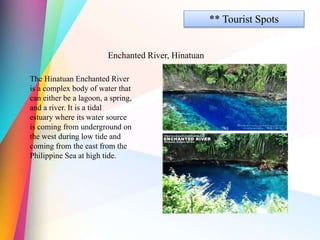 ** Tourist Spots
Enchanted River, Hinatuan
The Hinatuan Enchanted River
is a complex body of water that
can either be a lagoon, a spring,
and a river. It is a tidal
estuary where its water source
is coming from underground on
the west during low tide and
coming from the east from the
Philippine Sea at high tide.
 