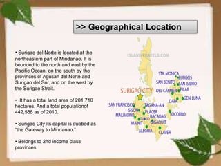 >> Geographical Location
• Surigao del Norte is located at the
northeastern part of Mindanao. It is
bounded to the north and east by the
Pacific Ocean, on the south by the
provinces of Agusan del Norte and
Surigao del Sur, and on the west by
the Surigao Strait.
• It has a total land area of 201,710
hectares. And a total populationof
442,588 as of 2010.
• Surigao City its capital is dubbed as
“the Gateway to Mindanao.”
• Belongs to 2nd income class
provinces.
 