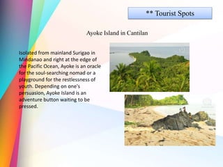 ** Tourist Spots
Ayoke Island in Cantilan
Isolated from mainland Surigao in
Mindanao and right at the edge of
the Pacific Ocean, Ayoke is an oracle
for the soul-searching nomad or a
playground for the restlessness of
youth. Depending on one's
persuasion, Ayoke Island is an
adventure button waiting to be
pressed.
 