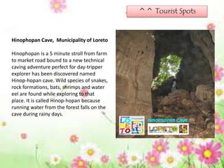 ^^ Tourist Spots
Hinophopan Cave, Municipality of Loreto
Hinophopan is a 5 minute stroll from farm
to market road bound to a new technical
caving adventure perfect for day-tripper
explorer has been discovered named
Hinop-hopan cave. Wild species of snakes,
rock formations, bats, shrimps and water
eel are found while exploring to that
place. It is called Hinop-hopan because
running water from the forest falls on the
cave during rainy days.
 
