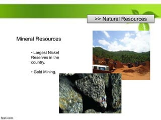 >> Natural Resources
Mineral Resources
• Largest Nickel
Reserves in the
country.
• Gold Mining.
 