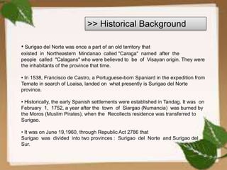>> Historical Background
• Surigao del Norte was once a part of an old territory that
existed in Northeastern Mindanao called "Caraga" named after the
people called "Calagans" who were believed to be of Visayan origin. They were
the inhabitants of the province that time.
• In 1538, Francisco de Castro, a Portuguese-born Spaniard in the expedition from
Ternate in search of Loaisa, landed on what presently is Surigao del Norte
province.
• Historically, the early Spanish settlements were established in Tandag. It was on
February 1, 1752, a year after the town of Siargao (Numancia) was burned by
the Moros (Muslim Pirates), when the Recollects residence was transferred to
Surigao.
• It was on June 19,1960, through Republic Act 2786 that
Surigao was divided into two provinces : Surigao del Norte and Surigao del
Sur.
 