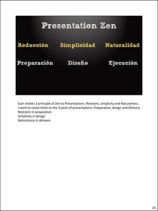 Garr relates 3 principle of Zen to Presentations. Restraint, simplicity and Naturalness.
I want to relate them to the 3 parts of presentations: Preparation, design and Delivery
Restraint in preparation
Simplicity in design
Naturalness in delivery




                                                                                           25
 