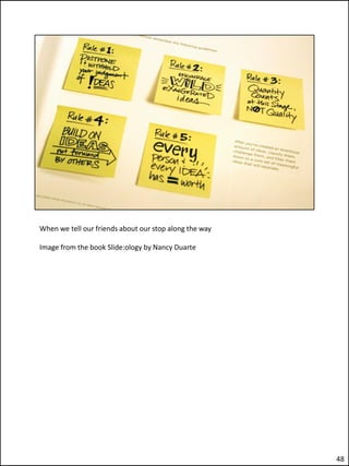When we tell our friends about our stop along the way

Image from the book Slide:ology by Nancy Duarte




                                                        48
 