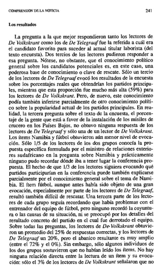 COMPRENSION DE LA NOTICIA 241
Los resultados
La pregunta a la que mejor respondieron tanto los lectores de
De Volkskrant como los de De Telegraaffue la referida a cuál era
el candidato favorito para suceder al actual titular laborista (del
texto encuesta). Dos tercios de los lectores pudieron responder a
esa pregunta. Nótese, no obstante, que el conocimiento político
general sobre los candidatos potenciales es, en este caso, una
poderosa base de conocimiento o clave de rescate. Sólo un tercio
de los lectores de De Telegraafevocó los resultados de la encuesta
sobre los porcentajes reales que obtendrían los partidos principa-
les, mientras que esta proporción fue mucho más alta (59%) para
los lectores de De Volkskrant. Pero, de nuevo, este conocimiento
podía también inferirse parcialmente de otro conocimiento políti-
co sobre la popularidad actual de los partidos principales. En rea-
lidad, la tercera pregunta sobre el texto de la encuesta, el porcen-
taje de la gente que está a favor de la instalación de los misiles de
crucero en los Países Bajos, no obtuvo ninguna respuesta de los
lectores de De Telegraaf y sólo una de un lector de De Volkskrant.
Los ítems Namibia y fútbol obtuvieron aún menor nivel de evoca-
ción. Sólo 1/5 de los lectores de los dos grupos conocía la pro-
puesta específica formulada por el ministro de relaciones exterio-
res sudafricano en la pregunta sobre. Namibia y prácticamente
ninguno pudo recordar dónde iba a tener lugar la conferencia pro-
puesta. El hecho de que 1/3 de los lectores siguiera evocando qué
partidos participarían en la conferencia puede también explicarse
parcialmente por el conocimiento general sobre el terna de Nami-
bia. El ítem fútbol, aunque antes había sido objeto de una gran
evocación, especialmente por parte de los lectores de De Telegraaf,
resultó también difícil de rescatar. Una tercera parte de los lecto-
res de cada grupo seguía recordando que había problemas con el
entrenador del equipo de fútbol, pero ninguno recordó la coyuntu-
ra o las causas de su situación, ni se preocupó por los detalles del
resultado concreto del partido en el cual fue derrotado el equipo.
Sobre todas las preguntas, los lectores de De, Volkskrant obtuvie-
ron un promedio del 25% de respuestas correctas, y los lectores de
De Telegraaf un 20%, pero el abanico resultante es muy amplio
(entre el 72% y el 0%). Sin embargo, sólo algunos individuos de
los dos grupos sostuvieron que no habían leído los ítems. No hay
ninguna relación directa entre la lectura de un ítem y su evoca-
ción: sólo el 3% de los lectores de De Volkskrant señalaron que no
 