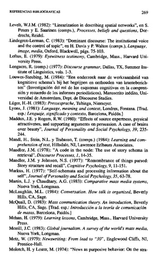 REFERENCIAS BWBLIOGRAF"ICAS 269
Levelt, W.J.M. (1982): "Linearization in describing spatial networks", en S.
Peters y E. Saarinen (comps.), Processes, beliefs and questions, Dor-
drecht, Reidel.
Lindegren-Lerman, C. (1983): "Dominant discourse: The institutional voice
and the control of topic", en H. Davis y P Walton (comps.), Language,
image, media, Oxford, Blackwell, págs. 75-103.
Loftus, E. (1979): Eyewitness testimony, Cambridge, Mass., Harvard Uni-
versity Press.
Longacre, R. (comp.) (1977): Discourse grammar, Dallas, TX, Summer hts-
titute of Linguistics, vols. 1-3.
Louwes-Steubing, M. (1984): "Een onderzoek naar de werkzaamheid van
kognitieve schema's bij het begrijpen en onthouden van kranteberich-
ten" (Investigación del rol de los esquemas cognitivos en la compren-
sión y recuerdo de los informes periodísticos), Manuscrito inédito, Uni-
versidad de Amsterdam, Dept. de Discourse Studies.
Lüger, H.-H. (1983): Pressesprache, Tubinga, Niemeyer.
Lyons, J. (1981): Language, meaning and context, Londres, Fontana. [Trad.
esp.: Lenguaje, significado y contexto, Barcelona, Paidós.]
Maddux, J.E. y Rogers, R.W. (1980): "Effects of source expertness, psysical
attractivenes, and supporting arguments on persuasion. A case of brains
over beauty", Journal of Personality and Social Psychology, 39, 235-
244.
Mandl, H., Stein, N.L. y Trabasso, T. (comps.) (1984): Learning and com-
prehension of text, Hillsdaie, NJ, Lawrence Erlbaum Associates.
Mandler, J.M. (1978): "A code in the pode: The use of story schema in
retrieval", Discourse Processes, 1, 14-35.
Mandler, J.M. y Johnson, N.S. (1977): "Remembrance of things parsed:
Story structure and recall ", Cognitive Psychology, 9, 11-151.
Markus, H. (1977): "Self-schemata and processing information about the
self ', Journal ofPersonality and Social Psychology, 35, 63-78.
Martin, L.J. y Chaudhary, A.G. (1983): Comparative mass media systems,
Nueva York, Longman.
McLaughlin, M.L. (1984): Conversation. How talk is organized, Beverly
Hills, CA, Sage.
McQuail, D. (1983): Mass communication theory. An introduction, Beverly
Hills, CA, Sage. [Trad. esp.: Introducción a la teoría de comunicación
de masas, Barcelona, Paidós.]
Mehan, H. (1979): Learning lessons, Cambridge, Mass., Harvard University
Press.
Merrill, J.C. (1983): Global journalism. A survey of the world's mass media,
Nueva York, Longman.
Metz, W. (1979): Newswriting: From lead to "30", Englewood Cliffs, NJ,
Prentice-Hall.
Molotch, H. y Lester, M. (1974): "News as purposive behavior: On the stra-
 