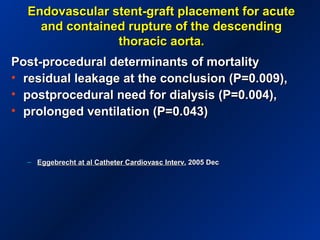 Endovascular stent-graft placement for acuteEndovascular stent-graft placement for acute
and contained rupture of the descendingand contained rupture of the descending
thoracic aorta.thoracic aorta.
Post-procedural determinants of mortalityPost-procedural determinants of mortality
• residual leakage at the conclusion (P=0.009),residual leakage at the conclusion (P=0.009),
• postprocedural need for dialysis (P=0.004),postprocedural need for dialysis (P=0.004),
• prolonged ventilation (P=0.043)prolonged ventilation (P=0.043)
– Eggebrecht at alEggebrecht at al Catheter Cardiovasc Interv.Catheter Cardiovasc Interv. 2005 Dec2005 Dec
 