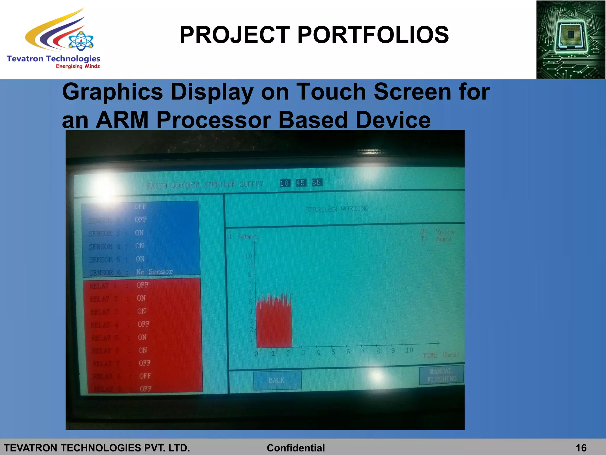 TEVATRON TECHNOLOGIES PVT. LTD. Confidential 16
PROJECT PORTFOLIOS
Graphics Display on Touch Screen for
an ARM Processor Based Device
 