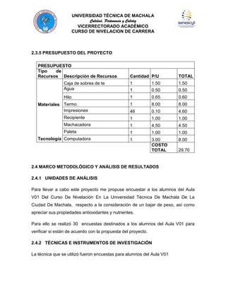 UNIVERSIDAD TÉCNICA DE MACHALA
Calidad, Pertenencia y Calidez
VICERRECTORADO ACADÉMICO
CURSO DE NIVELACION DE CARRERA

2.3.5 PRESUPUESTO DEL PROYECTO
PRESUPUESTO
Tipo
de
Recursos Descripción de Recursos

Cantidad P/U

TOTAL

Caja de sobres de te
Agua

1

1.50

1.50

1

0.50

0.50

Hilo

1

0.65

0.60

1

8.00

8.00

46

0.10

4.60

Recipiente

1

1.00

1.00

Machacadora

1

4,50

4.50

Paleta

1

1.00

1.00

1

3.00
COSTO
TOTAL

8.00

Materiales Termo
Impresiones

Tecnología Computadora

29.70

2.4 MARCO METODOLÓGICO Y ANÁLISIS DE RESULTADOS
2.4.1 UNIDADES DE ANÁLISIS
Para llevar a cabo este proyecto me propuse encuestar a los alumnos del Aula
V01 Del Curso De Nivelación En La Universidad Técnica De Machala De La
Ciudad De Machala, respecto a la consideración de un bajar de peso, así como
apreciar sus propiedades antioxidantes y nutrientes.
Para ello se realizó 30 encuestas destinados a los alumnos del Aula V01 para
verificar si están de acuerdo con la propuesta del proyecto.
2.4.2 TÉCNICAS E INSTRUMENTOS DE INVESTIGACIÓN
La técnica que se utilizó fueron encuestas para alumnos del Aula V01

 