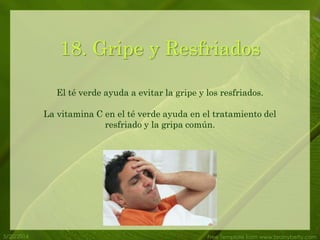 5/20/2014 Free Template from www.brainybetty.com
18. Gripe y Resfriados
El té verde ayuda a evitar la gripe y los resfriados.
La vitamina C en el té verde ayuda en el tratamiento del
resfriado y la gripa común.
 