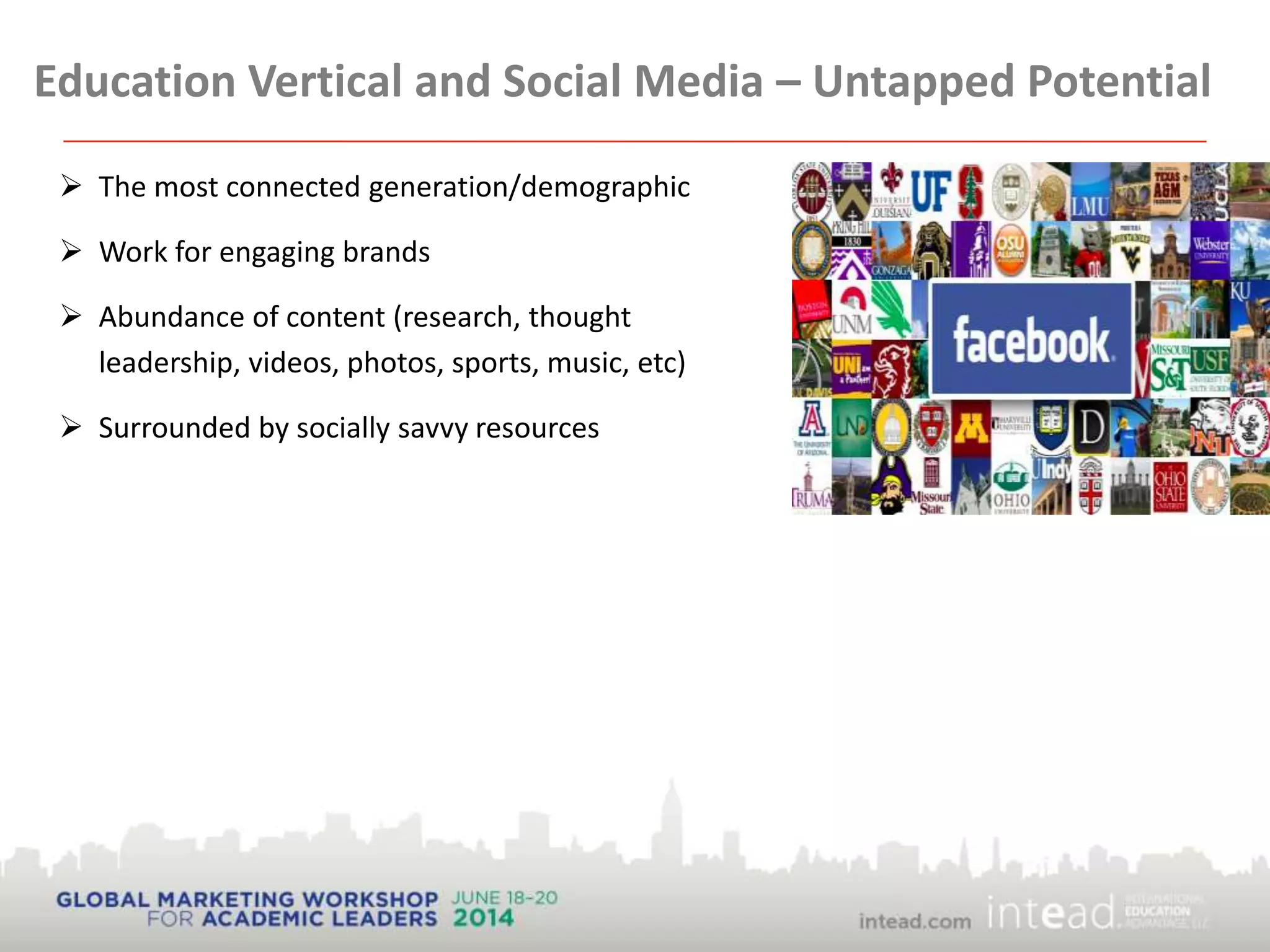 Education Vertical and Social Media – Untapped Potential
 The most connected generation/demographic
 Work for engaging brands
 Abundance of content (research, thought
leadership, videos, photos, sports, music, etc)
 Surrounded by socially savvy resources
 