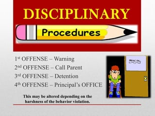DISCIPLINARY
1st OFFENSE – Warning
2nd OFFENSE – Call Parent
3rd OFFENSE – Detention
4th OFFENSE – Principal’s OFFICE
This may be altered depending on the
harshness of the behavior violation.
 