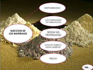 ELECCION DE
LOS MATERIALES
SEGÚN SUS
PROPIEDADES
DISPONIBILIDAD
IMPACTO SOBRE EL
MEDIO AMBIENTE
LAS POSIBILIDADES
DE FABRICACION
PRECIO
FIN…
 