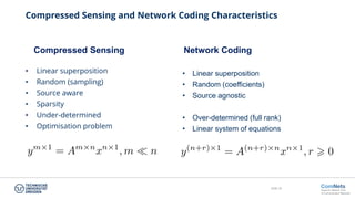 Slide 29
Compressed Sensing and Network Coding Characteristics
• Linear superposition
• Random (sampling)
• Source aware
• Sparsity
• Under-determined
• Optimisation problem
• Linear superposition
• Random (coefficients)
• Source agnostic
• Over-determined (full rank)
• Linear system of equations
Compressed Sensing Network Coding
 