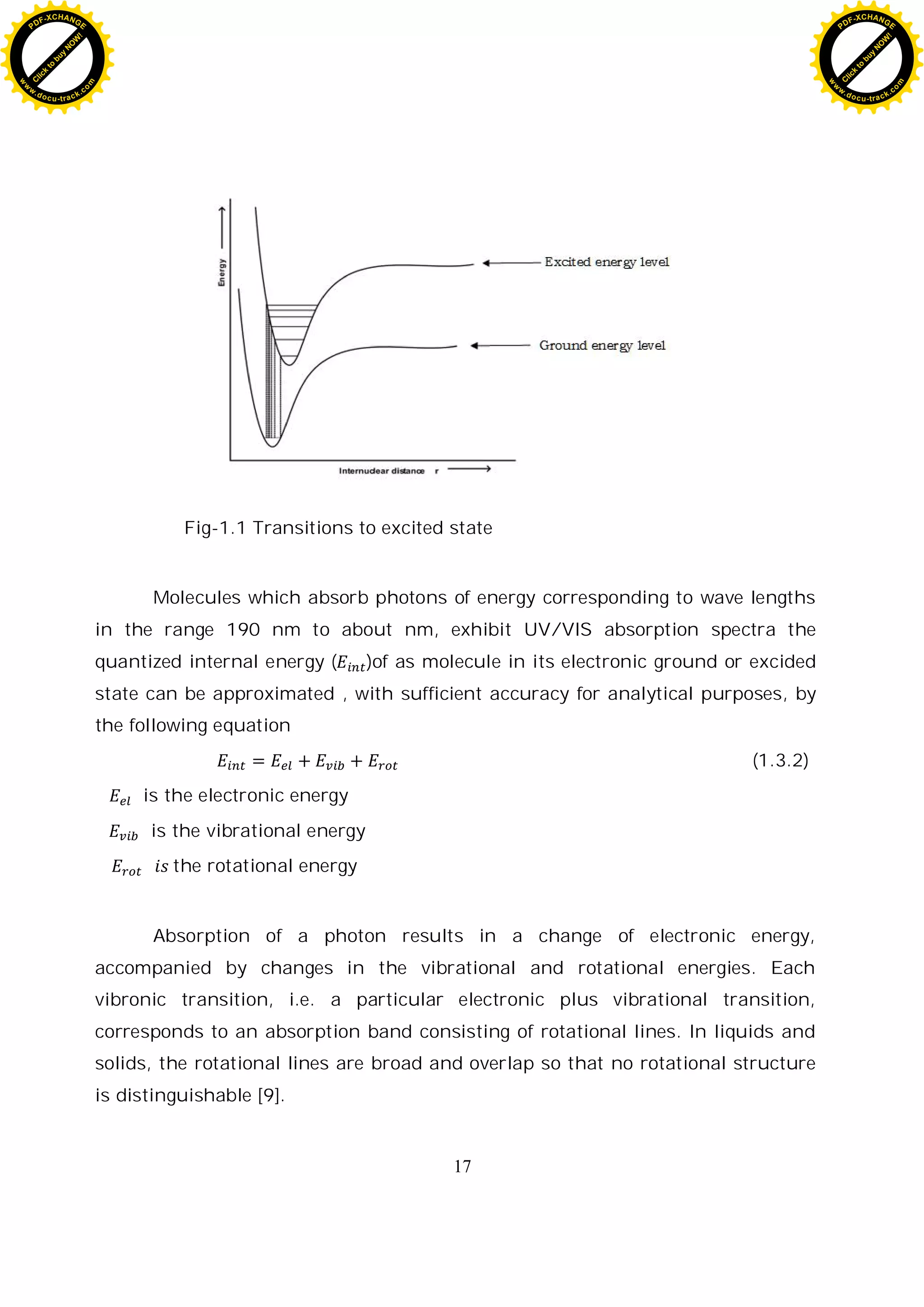 17
Fig-1.1 Transitions to excited state
Molecules which absorb photons of energy corresponding to wave lengths
in the range 190 nm to about nm, exhibit UV/VIS absorption spectra the
quantized internal energy ( )of as molecule in its electronic ground or excided
state can be approximated , with sufficient accuracy for analytical purposes, by
the following equation
(1.3.2)
is the electronic energy
is the vibrational energy
the rotational energy
Absorption of a photon results in a change of electronic energy,
accompanied by changes in the vibrational and rotational energies. Each
vibronic transition, i.e. a particular electronic plus vibrational transition,
corresponds to an absorption band consisting of rotational lines. In liquids and
solids, the rotational lines are broad and overlap so that no rotational structure
is distinguishable [9].
C
l
i
c
k
t
o
b
u
y
N
O
W
!
PDF-XCHANGE
w
w
w
.docu-track.c
o
m
C
l
i
c
k
t
o
b
u
y
N
O
W
!
PDF-XCHANGE
w
w
w
.docu-track.c
o
m
 