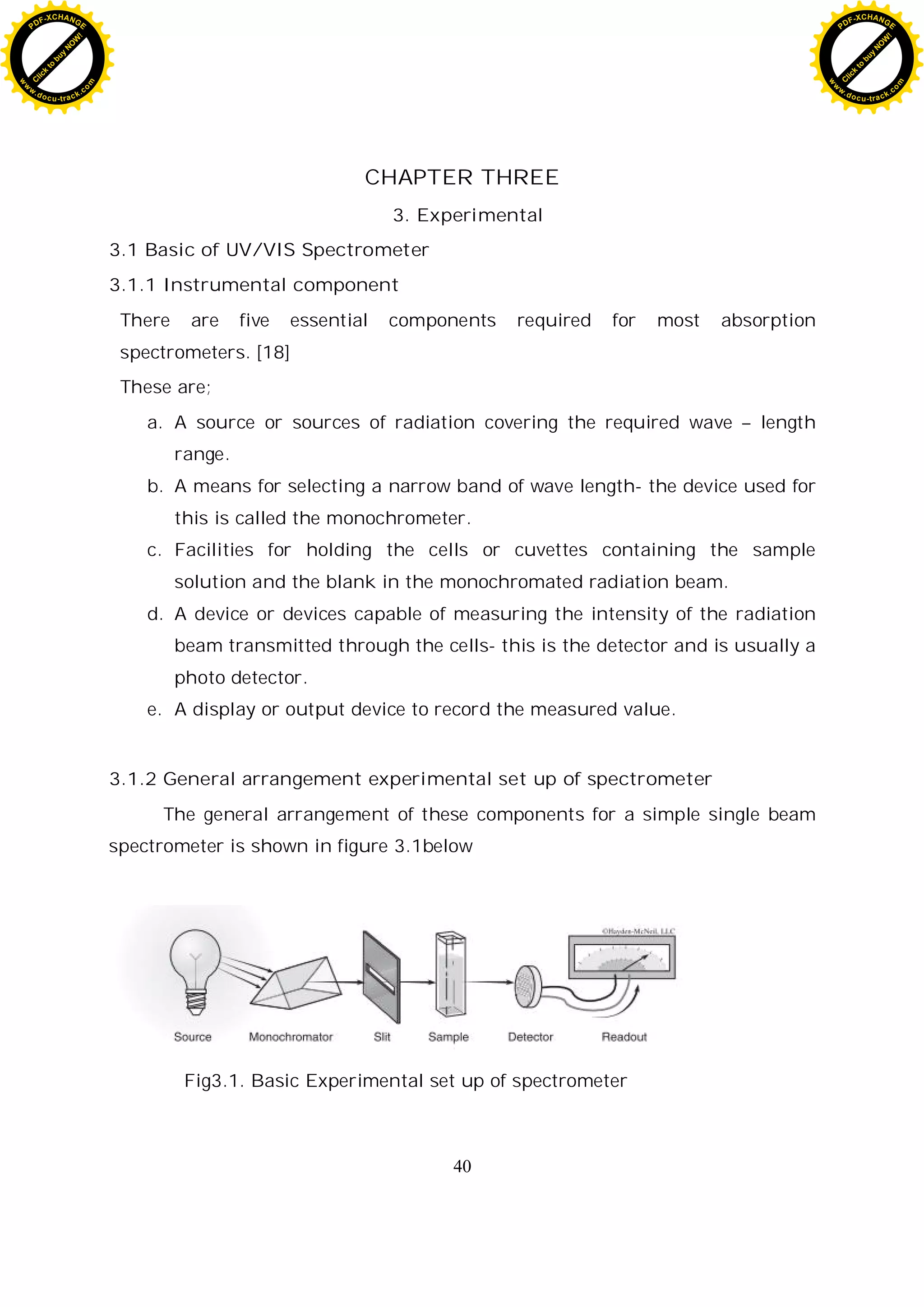 40
CHAPTER THREE
3. Experimental
3.1 Basic of UV/VIS Spectrometer
3.1.1 Instrumental component
There are five essential components required for most absorption
spectrometers. [18]
These are;
a. A source or sources of radiation covering the required wave – length
range.
b. A means for selecting a narrow band of wave length- the device used for
this is called the monochrometer.
c. Facilities for holding the cells or cuvettes containing the sample
solution and the blank in the monochromated radiation beam.
d. A device or devices capable of measuring the intensity of the radiation
beam transmitted through the cells- this is the detector and is usually a
photo detector.
e. A display or output device to record the measured value.
3.1.2 General arrangement experimental set up of spectrometer
The general arrangement of these components for a simple single beam
spectrometer is shown in figure 3.1below
Fig3.1. Basic Experimental set up of spectrometer
C
l
i
c
k
t
o
b
u
y
N
O
W
!
PDF-XCHANGE
w
w
w
.docu-track.c
o
m
C
l
i
c
k
t
o
b
u
y
N
O
W
!
PDF-XCHANGE
w
w
w
.docu-track.c
o
m
 