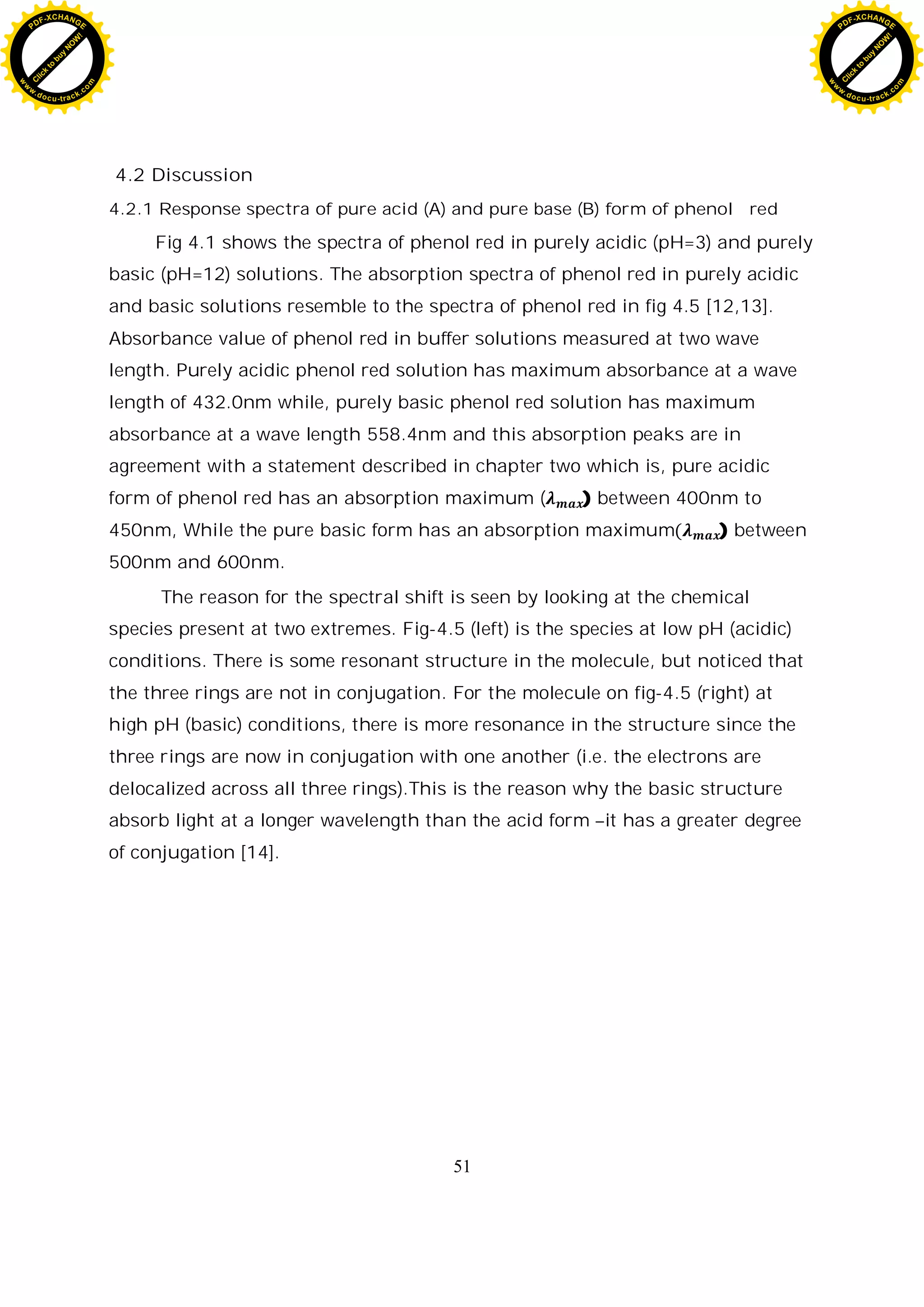 51
4.2 Discussion
4.2.1 Response spectra of pure acid (A) and pure base (B) form of phenol red
Fig 4.1 shows the spectra of phenol red in purely acidic (pH=3) and purely
basic (pH=12) solutions. The absorption spectra of phenol red in purely acidic
and basic solutions resemble to the spectra of phenol red in fig 4.5 [12,13].
Absorbance value of phenol red in buffer solutions measured at two wave
length. Purely acidic phenol red solution has maximum absorbance at a wave
length of 432.0nm while, purely basic phenol red solution has maximum
absorbance at a wave length 558.4nm and this absorption peaks are in
agreement with a statement described in chapter two which is, pure acidic
form of phenol red has an absorption maximum ( ) between 400nm to
450nm, While the pure basic form has an absorption maximum ) between
500nm and 600nm.
The reason for the spectral shift is seen by looking at the chemical
species present at two extremes. Fig-4.5 (left) is the species at low pH (acidic)
conditions. There is some resonant structure in the molecule, but noticed that
the three rings are not in conjugation. For the molecule on fig-4.5 (right) at
high pH (basic) conditions, there is more resonance in the structure since the
three rings are now in conjugation with one another (i.e. the electrons are
delocalized across all three rings).This is the reason why the basic structure
absorb light at a longer wavelength than the acid form –it has a greater degree
of conjugation [14].
C
l
i
c
k
t
o
b
u
y
N
O
W
!
PDF-XCHANGE
w
w
w
.docu-track.c
o
m
C
l
i
c
k
t
o
b
u
y
N
O
W
!
PDF-XCHANGE
w
w
w
.docu-track.c
o
m
 