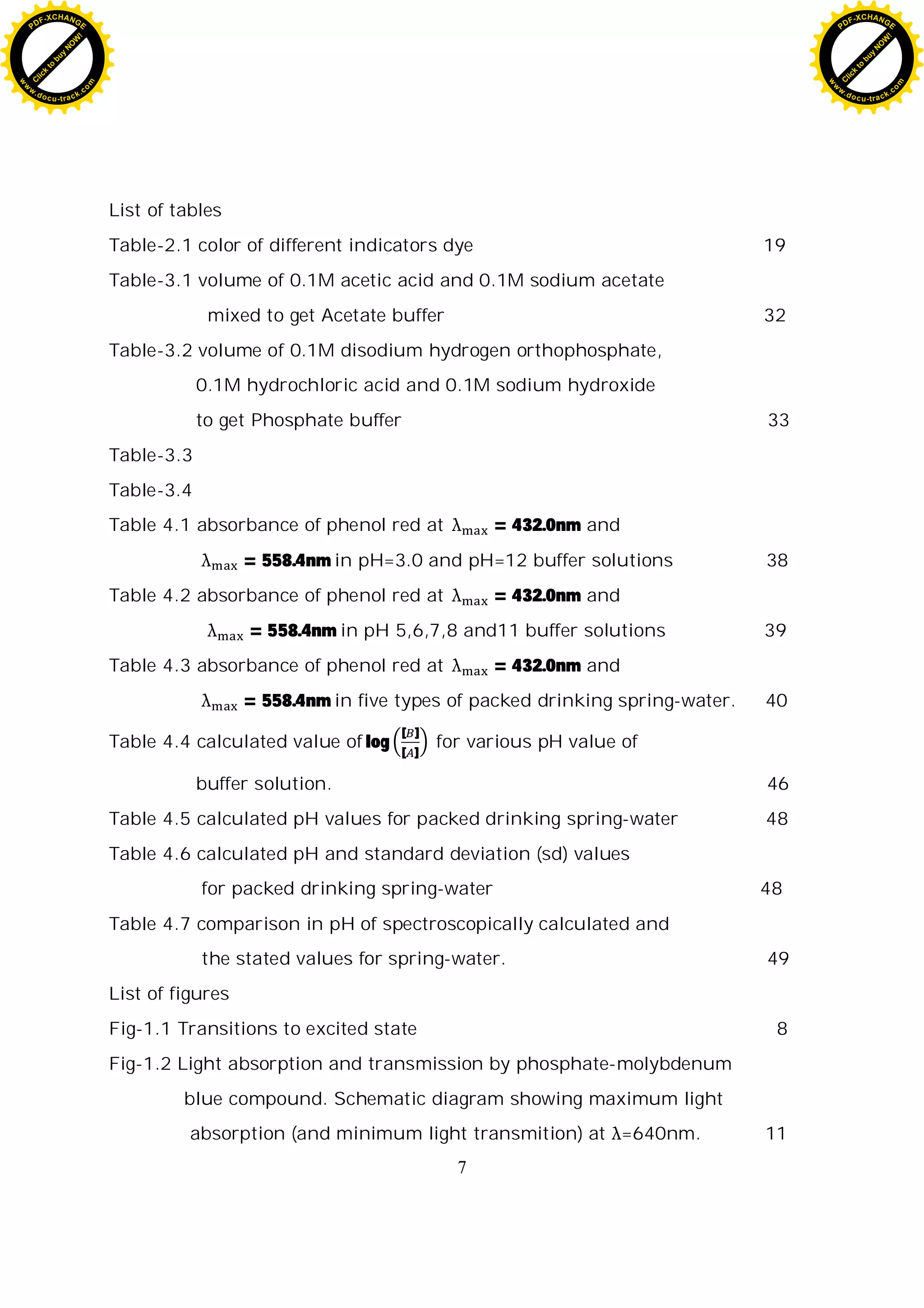 7
List of tables
Table-2.1 color of different indicators dye 19
Table-3.1 volume of 0.1M acetic acid and 0.1M sodium acetate
mixed to get Acetate buffer 32
Table-3.2 volume of 0.1M disodium hydrogen orthophosphate,
0.1M hydrochloric acid and 0.1M sodium hydroxide
to get Phosphate buffer 33
Table-3.3
Table-3.4
Table 4.1 absorbance of phenol red at = 432.0nm and
= 558.4nm in pH=3.0 and pH=12 buffer solutions 38
Table 4.2 absorbance of phenol red at = 432.0nm and
= 558.4nm in pH 5,6,7,8 and11 buffer solutions 39
Table 4.3 absorbance of phenol red at = 432.0nm and
= 558.4nm in five types of packed drinking spring-water. 40
Table 4.4 calculated value of log
[ ]
[ ]
for various pH value of
buffer solution. 46
Table 4.5 calculated pH values for packed drinking spring-water 48
Table 4.6 calculated pH and standard deviation (sd) values
for packed drinking spring-water 48
Table 4.7 comparison in pH of spectroscopically calculated and
the stated values for spring-water. 49
List of figures
Fig-1.1 Transitions to excited state 8
Fig-1.2 Light absorption and transmission by phosphate-molybdenum
blue compound. Schematic diagram showing maximum light
absorption (and minimum light transmition) at =640nm. 11
C
l
i
c
k
t
o
b
u
y
N
O
W
!
PDF-XCHANGE
w
w
w
.docu-track.c
o
m
C
l
i
c
k
t
o
b
u
y
N
O
W
!
PDF-XCHANGE
w
w
w
.docu-track.c
o
m
 