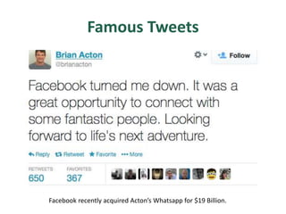 Famous Tweets
Facebook recently acquired Acton’s Whatsapp for $19 Billion.
 
