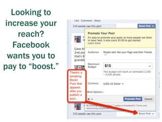 Looking to
increase your
reach?
Facebook
wants you to
pay to “boost.”
 
