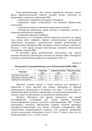 56
Бета-адреноблокаторы. Эта группа препаратов обладает целым
рядом фармакологических свойств, которые делают полезным их
применение у пациентов, перенесших ИМ:
– уменьшение потребности миокарда в кислороде;
– повышение порога возбудимости для развития фибрилляции
желудочков;
– снижение активность симпатико-адреналовой системы;
– уменьшение накопления ионов кальция в сердечных клетках и
снижение возбудимости миокарда;
– повышение сердечного выброса.
Реализуется это снижением общей смертности больных на первом
году жизни после инфаркта. Данные контролируемых исследований
убедительно доказывают положительное влияние -блокаторов на
снижение риска повторного ИМ, внезапную смерть и общую смертность.
Поэтому у этой группы больных -блокаторы считаются обязательным
компонентом терапии ИБС.
В настоящее время рекомендовано использовать три группы
высокоселективных -блокаторов: метопролол (беталок ЗОК), бисопролол
(конкор) и неселективный карведилол (дилатренд) (табл. 6).
Таблица 6
Начальные и поддерживающие дозы ß-блокаторов (ЕОК, 2001)
Препарат
Стартовая
доза
Терапевтическая
доза
Максимальная
доза
Бисопролол (конкор) 1,25 мг × 1 10 мг × 1 10 мг × 1
Метопролол (беталок ЗОК) 12,5 × 1 100 мг × 1 200 мг × 1
Карведилол (дилатренд) 3,125 мг × 2 25 мг × 2 25 мг × 2
Начинать лечение следует с малых разовых доз препарата и
переходить к более высокой дозе можно, убедившись в хорошей
переносимости предыдущей и не раньше, чем через 7–10 дней. Дозу -
адреноблокаторов постепенно увеличивают до полной рекомендуемой, а в
случаях, когда это невозможно, до максимально переносимой.
Нитраты. Препараты этой группы назначаются при ранней
постинфарктной стенокардии или немой ишемии миокарда,
диагностированной методом суточного мониторирования ЭКГ. Следует
использовать длительно действующие нитраты, включая препараты
изосорбида-5-мононитрата (см. раздел «Лечение стенокардии»). При
субъективной непереносимости нитратов или развитии привыкания
следует использовать молсидомин в дозе 2–4 мг 2–3 раза в день или его
ретардную форму 8 мг 1–2 раза в сутки.
Copyright ОАО «ЦКБ «БИБКОМ» & ООО «Aгентство Kнига-Cервис»
 