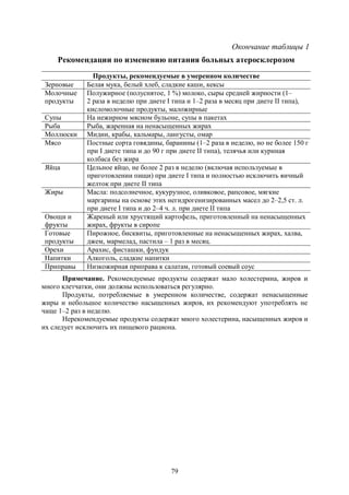 79
Окончание таблицы 1
Рекомендации по изменению питания больных атеросклерозом
Продукты, рекомендуемые в умеренном количестве
Зерновые Белая мука, белый хлеб, сладкие каши, кексы
Молочные
продукты
Полужирное (полуснятое, 1 %) молоко, сыры средней жирности (1–
2 раза в неделю при диете I типа и 1–2 раза в месяц при диете II типа),
кисломолочные продукты, маложирные
Супы На нежирном мясном бульоне, супы в пакетах
Рыба Рыба, жаренная на ненасыщенных жирах
Моллюски Мидии, крабы, кальмары, лангусты, омар
Мясо Постные сорта говядины, баранины (1–2 раза в неделю, но не более 150 г
при I диете типа и до 90 г при диете II типа), телячья или куриная
колбаса без жира
Яйца Цельное яйцо, не более 2 раз в неделю (включая используемые в
приготовлении пищи) при диете I типа и полностью исключить яичный
желток при диете II типа
Жиры Масла: подсолнечное, кукурузное, оливковое, рапсовое, мягкие
маргарины на основе этих негидрогенизированных масел до 2–2,5 ст. л.
при диете I типа и до 2–4 ч. л. при диете II типа
Овощи и
фрукты
Жареный или хрустящий картофель, приготовленный на ненасыщенных
жирах, фрукты в сиропе
Готовые
продукты
Пирожное, бисквиты, приготовленные на ненасыщенных жирах, халва,
джем, мармелад, пастила – 1 раз в месяц.
Орехи Арахис, фисташки, фундук
Напитки Алкоголь, сладкие напитки
Приправы Низкожирная приправа к салатам, готовый соевый соус
Примечание. Рекомендуемые продукты содержат мало холестерина, жиров и
много клетчатки, они должны использоваться регулярно.
Продукты, потребляемые в умеренном количестве, содержат ненасыщенные
жиры и небольшое количество насыщенных жиров, их рекомендуют употреблять не
чаще 1–2 раз в неделю.
Нерекомендуемые продукты содержат много холестерина, насыщенных жиров и
их следует исключить их пищевого рациона.
Copyright ОАО «ЦКБ «БИБКОМ» & ООО «Aгентство Kнига-Cервис»
 