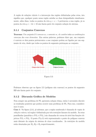 A regi˜ao de solu¸c˜oes vi´aveis ´e a intersec¸c˜ao das regi˜oes delimitadas pelas retas, isto
signiﬁca que, qualquer ponto nessa regi˜ao satisfaz as duas desigualdades simultanea-
mente, al´em disso, todos os pontos da reta y = x − 5 pertencem a essa regi˜ao, j´a os
pontos da reta y = −2x + 10 n˜ao fazem parte do conjunto solu¸c˜ao do sistema.
3.1.1 Conjuntos Convexos
Teorema: Um conjunto S ´e convexo se, e somente se, ele cont´em todas as combina¸c˜oes
convexas dos seus elementos. Em outras palavras, podemos dizer que, um conjunto
´e convexo se dois pontos pertencentes a esse conjunto podem ser ligados por um seg-
mento de reta, desde que todos os pontos do segmento perten¸cam ao conjunto.
Figura 3.3:
Podemos observar que na ﬁgura 2.3 (pol´ıgono n˜ao convexo) os pontos do segmento
BD n˜ao fazem parte do conjunto.
3.1.2 Discuss˜ao Gr´aﬁca de Modelos
Nem sempre um problema de PL apresenta solu¸c˜ao ´otima, ent˜ao ´e necess´ario discutir
os resultados poss´ıveis que podem ocorrer num problema de PL. Para isso, considere-
mos 3 casos;
Caso 1: Na ﬁgura (2.4), j´a sabemos, que a regi˜ao sombreada ´e chamada de regi˜ao de
solu¸c˜oes vi´aveis, tal regi˜ao ´e delimitada por trˆes restri¸c˜oes lineares do modelo. As retas
pontilhadas (paralelas a FO1 e FO2 ) s˜ao chamadas de curvas de n´ıvel das fun¸c˜oes ob-
jetivos FO1 e FO2. O ponto P(a, b) est´a representando o ponto do pol´ıgono convexo
mais distante da origem do sistema de eixos coordenados. As restri¸c˜oes do modelo
est˜ao denotadas por R1, R2 e R3 respectivamente.
13
 