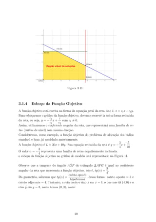 Figura 3.11:
3.1.4 Esbo¸co da Fun¸c˜ao Objetivo
A fun¸c˜ao objetivo est´a escrita na forma da equa¸c˜ao geral da reta, isto ´e, z = c1x + c2y.
Para esbo¸carmos o gr´aﬁco da fun¸c˜ao objetivo, devemos escrevˆe-la sob a forma reduzida
da reta, ou seja, y = −
c1
c2
x +
z
c2
com c2 = 0.
Assim, utilizaremos o coeﬁciente angular da reta, que representar´a uma fam´ılia de re-
tas (curvas de n´ıvel) com mesma dire¸c˜ao.
Consideremos, como exemplo, a fun¸c˜ao objetivo do problema de aloca¸c˜ao dos r´adios
standard e luxo, j´a modelado anteriormente.
A fun¸c˜ao objetivo ´e L = 30x + 40y. Sua equa¸c˜ao reduzida da reta ´e y = −
3
4
x +
L
40
O valor α = −
3
4
representa uma fam´ılia de retas negativamente inclinada.
o esbo¸co da fun¸c˜ao objetivo no gr´aﬁco do modelo est´a representado na Figura 11.
Observe que a tangente do ˆangulo A ˆGF do triˆangulo ∆AFG ´e igual ao coeﬁciente
angular da reta que representa a fun¸c˜ao objetivo, isto ´e, tg(α) =
3
4
.
Da geometria, sabemos que tg(α) =
cateto oposto
hipotenusa
, dessa forma: cateto oposto = 3 e
cateto adjacente = 4. Portanto, a reta corta o eixo x em x = 4, o que nos d´a (4, 0) e o
eixo y em y = 3, assim temos (0, 3), assim:
20
 