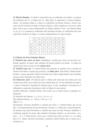 d) Tabela Simplex: A tabela ´e constru´ıda com os coeﬁcientes do modelo. as colunas
s˜ao indicadas por Ci, as linhas por Li, al´em disso, bi representa os termos indepen-
dentes. Na primeira linha L1 consta os coeﬁcientes da fun¸c˜ao objetivo, observe que
como n˜ao h´a vari´aveis de folga na fun¸c˜ao objetivo, ent˜ao completa-se com zeros, al´em
disso, tem-se que o termo independente da fun¸c˜ao objetivo ´e zero. nas demais linhas
L1, L2, L3 e L4 constam os coeﬁcientes das restri¸c˜oes t´ecnicas, os coeﬁcientes das suas
respectivas vari´aveis de folga e os termos independentes de cada restri¸c˜ao.
C1 C2 C3 C4 C5 C6 C7 C8
Z x1 x2 x3 f1 f2 f3 bi
L1 1 -0,2 -2 -4 0 0 0 0
L2 0 1 2 0 1 0 0 20
L3 0 3 0 1 0 1 0 50
L4 0 1 1 -1 0 0 1 15
e) C´alculo da Nova Solu¸c˜ao B´asica:
i) Vari´avel que entra na base: Identiﬁque a vari´avel que entra na base pelo coe-
ﬁciente negativo de maior valor absoluto da fun¸c˜ao objetivo na tabela. A coluna da
vari´avel que entra na base ser´a a coluna pivˆo.
ii) Vari´avel que sai: A vari´avel b´asica que primeiro se anular´a com a entrada da
vari´avel n˜ao b´asica ´e aquela que pertence a a linha pivˆo. Essa linha ´e obtida identi-
ﬁcando o menor quociente obtido da divis˜ao dos termos independentes das restri¸c˜oes
tecnicas pelos elementos da coluna pivˆo.
iii) Elemento pivˆo: O elemento pivˆo ´e obtido pela interse¸c˜ao da coluna pivˆo (da
vari´avel que entra) com a linha pivˆo (da vari´avel que sai). Se esse elemento for igual a
1, ent˜ao o elemento ´e chamado de elemento pivˆo, se n˜ao, transforme o elemento em 1
utilizando as opera¸c˜oes elementares sobre as linhas de uma matriz.
textbfiv) Obtendo a Solu¸c˜ao ´Otima: De acordo com a tabela temos as seguintes in-
forma¸c˜oes:
(I) Vari´aveis n˜ao b´asicas: x1 = 0, x2 = 0 e x3 = 0
(II) Vari´aveis b´asicas: f1 = 20, f2 = 50 e f3 = 15
(III) Z = 0
Inicialmente, devemos identiﬁcar a vari´avel que entra e a vari´avel b´asica que sai da
base. Consequentemente iremos determinar a coluna e a a linha pivˆo, respectivamente.
J´a sabemos que para determinar a vari´avel que entra na base devemos identiﬁcar o
coeﬁciente negativo de maior valor absoluto da fun¸c˜ao objetivo. no caso temos −4x3,
pois | − 4| = 4. Dessa forma, tem-se que a vari´avel que entra na base ´e x3 e a coluna
pivˆo ´e C4. Agora, devemos determinar a primeira vari´avel b´asica que se anula com a
entrada de x3.
25
 