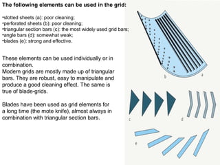 The following elements can be used in the grid:
•slotted sheets (a): poor cleaning;
•perforated sheets (b): poor cleaning;
•triangular section bars (c): the most widely used grid bars;
•angle bars (d): somewhat weak;
•blades (e): strong and effective.

These elements can be used individually or in
combination.
Modern grids are mostly made up of triangular
bars. They are robust, easy to manipulate and
produce a good cleaning effect. The same is
true of blade-grids.
Blades have been used as grid elements for
a long time (the mote knife), almost always in
combination with triangular section bars.

 