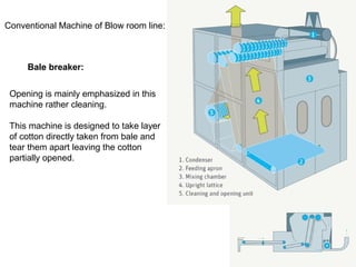 Conventional Machine of Blow room line:

Bale breaker:
Opening is mainly emphasized in this
machine rather cleaning.
This machine is designed to take layer
of cotton directly taken from bale and
tear them apart leaving the cotton
partially opened.

 