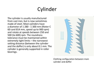 Cylinder
The cylinder is usually manufactured
from cast iron, but is now sometimes
made of steel. Most cylinders have
a diameter of 1 280 - 1 300 mm (Rieter C
60 card 814 mm, speed up to 900 rpm)
and rotate at speeds between 250 and
500 (to 600) rpm. The roundness
tolerance must be maintained within
extremely tight limits – the narrowest
setting distance (between the cylinder
and the doffer) is only about 0.1 mm. The
cylinder is generally supported in roller
bearings.
Clothing configuration between main
cylinder and doffer

 