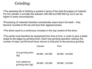 Grinding:
•The operating life of clothing is quoted in terms of the total throughput of material.
For the cylinder it normally lies between 300 000 and 600 000 kg, but it can be
higher in some circumstances.
•Processing of materials therefore considerably wears down the teeth – they
become rounded at the top and lose their aggressiveness.
•The direct result is a continuous increase in the nep content of the sliver.
•The points must therefore be sharpened from time to time, in order to give a better
shape to the edges by grinding them. Each new grinding operation reduces the
number of neps, but the level never returns to that prior to the previous grinding
Cylinder

Flats

First grinding after
[kg]

80 000 - 150 000

80 000 - 150 000

Each additional
grinding after [kg]

80 000 - 120 000

80 000 - 120 000

 