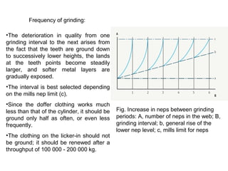 Frequency of grinding:
•The deterioration in quality from one
grinding interval to the next arises from
the fact that the teeth are ground down
to successively lower heights, the lands
at the teeth points become steadily
larger, and softer metal layers are
gradually exposed.
•The interval is best selected depending
on the mills nep limit (c).
•Since the doffer clothing works much
less than that of the cylinder, it should be
ground only half as often, or even less
frequently.
•The clothing on the licker-in should not
be ground; it should be renewed after a
throughput of 100 000 - 200 000 kg.

Fig. Increase in neps between grinding
periods: A, number of neps in the web; B,
grinding interval; b, general rise of the
lower nep level; c, mills limit for neps

 