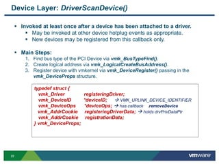 2222
Device Layer: DriverScanDevice()
 Invoked at least once after a device has been attached to a driver.
 May be invoked at other device hotplug events as appropriate.
 New devices may be registered from this callback only.
 Main Steps:
1. Find bus type of the PCI Device via vmk_BusTypeFind().
2. Create logical address via vmk_LogicalCreateBusAddress().
3. Register device with vmkernel via vmk_DeviceRegister() passing in the
vmk_DeviceProps structure.
typedef struct {
vmk_Driver registeringDriver;
vmk_DeviceID *deviceID;  VMK_UPLINK_DEVICE_IDENTIFIER
vmk_DeviceOps *deviceOps;  has callback .removeDevice
vmk_AddrCookie registeringDriverData;  holds drvPrivDataPtr
vmk_AddrCookie registrationData;
} vmk_DeviceProps;
 