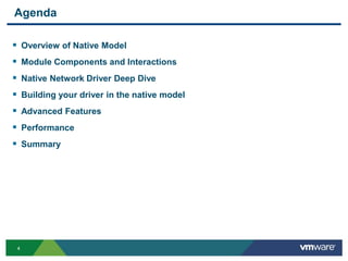 44
Agenda
 Overview of Native Model
 Module Components and Interactions
 Native Network Driver Deep Dive
 Building your driver in the native model
 Advanced Features
 Performance
 Summary
 
