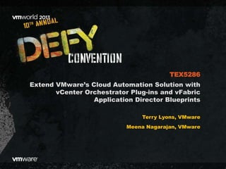 Extend VMware’s Cloud Automation Solution with
vCenter Orchestrator Plug-ins and vFabric
Application Director Blueprints
Terry Lyons, VMware
Meena Nagarajan, VMware
TEX5286
 