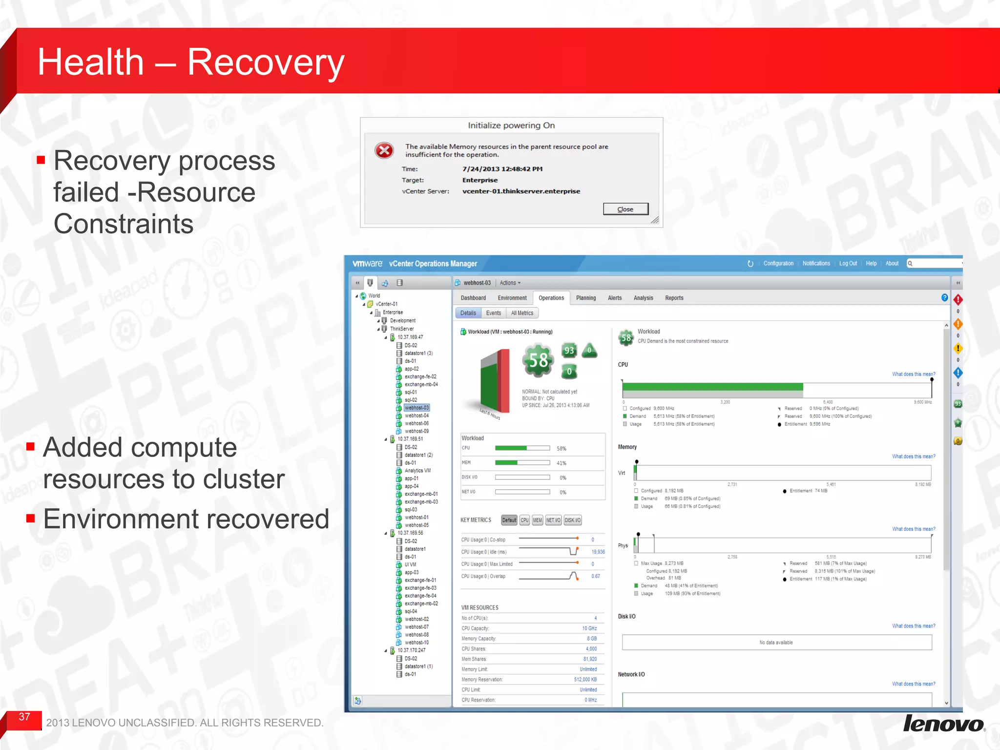37
Health – Recovery
2013 LENOVO UNCLASSIFIED. ALL RIGHTS RESERVED.
 Added compute
resources to cluster
 Environment recovered
 Recovery process
failed -Resource
Constraints
 